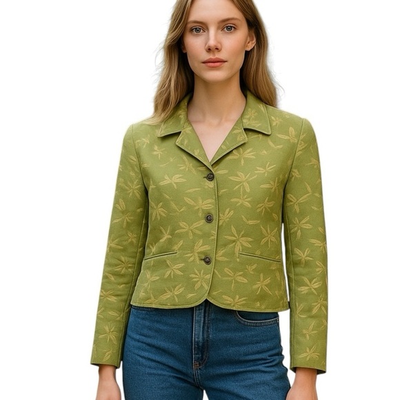 Citron Jackets & Blazers - Citron Santa Monica Green Dragonfly Print Collared Button Front Jacket Medium